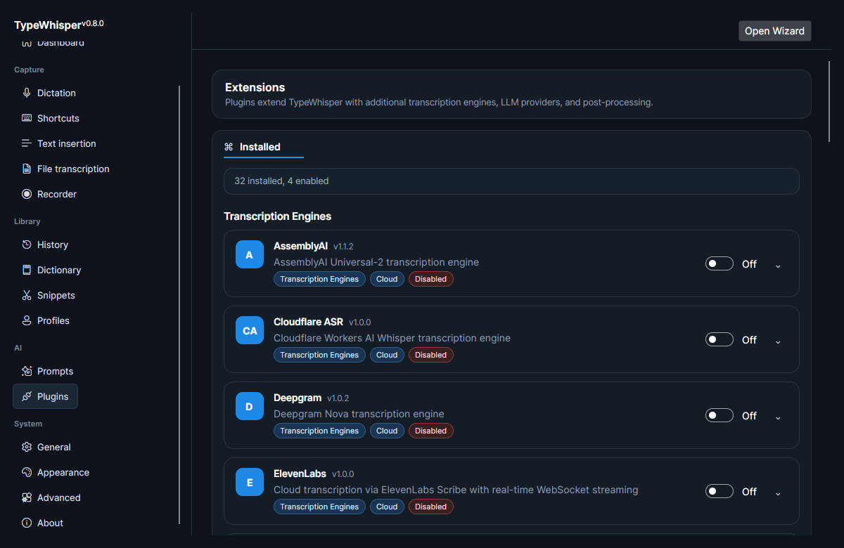 The Plugins page listing installed extensions (32 installed, 4 enabled), grouped by category