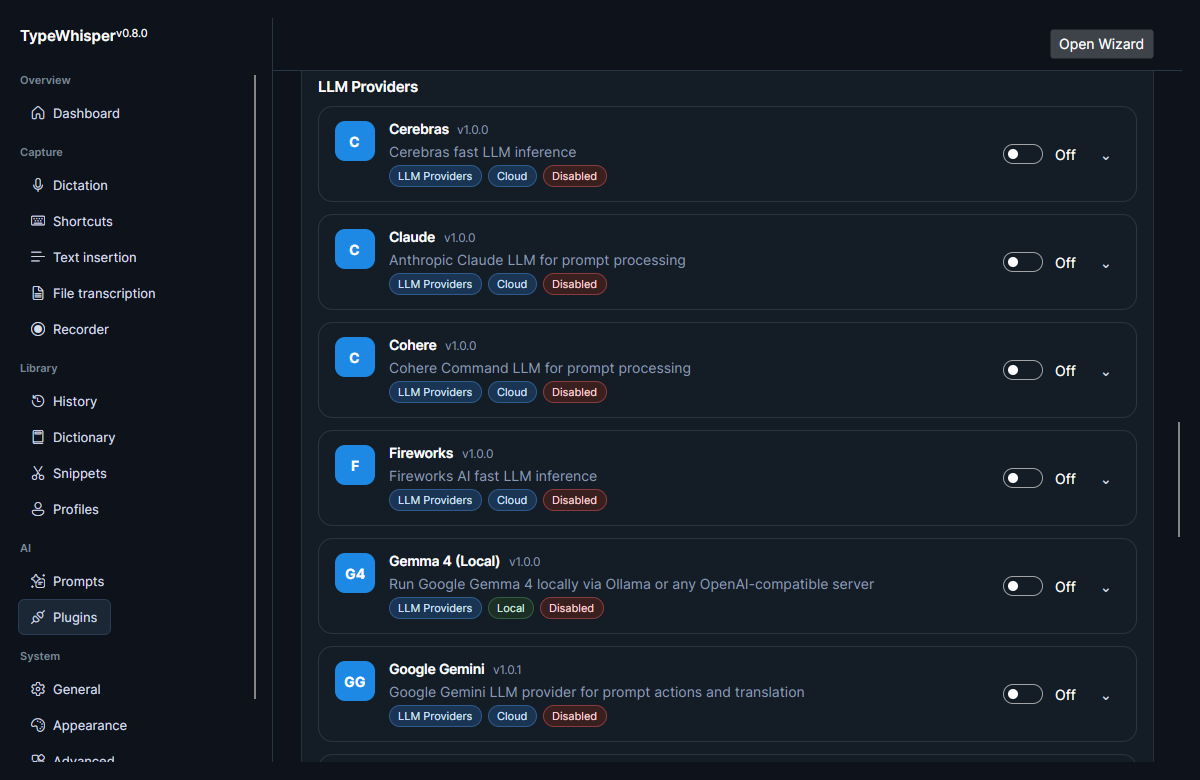 The LLM Providers section of the Plugins page: Cerebras, Claude, Cohere, Fireworks, Gemma 4 (Local), Google Gemini, and more