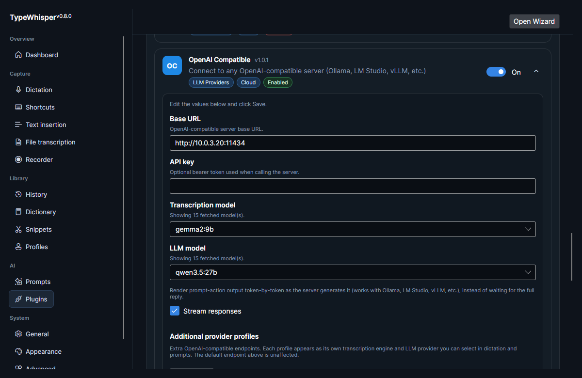 The OpenAI Compatible provider settings: Base URL, optional API key, fetched transcription and LLM model dropdowns, and the Stream responses toggle