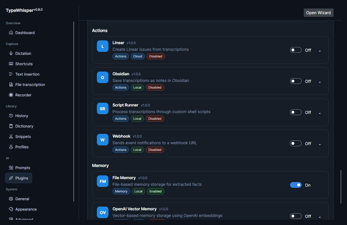 The Actions and Memory categories on the Plugins page: Linear, Obsidian, Script Runner, Webhook, File Memory, and OpenAI Vector Memory