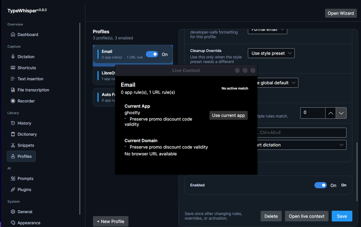 The Live Context dialog: the matched profile (or "No active match"), the Current App, the Current Domain / detected URL, and a "Use current app" button