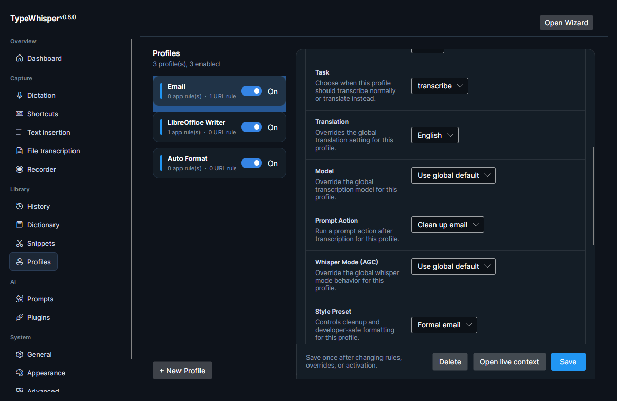 The profile override controls: Task, Translation, Model, Prompt Action, Whisper Mode, and Style Preset