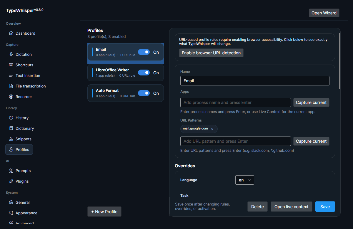 The Profiles page: the profile list with enable toggles, the Enable browser URL detection banner, and the rule-matching fields (Apps and URL patterns)