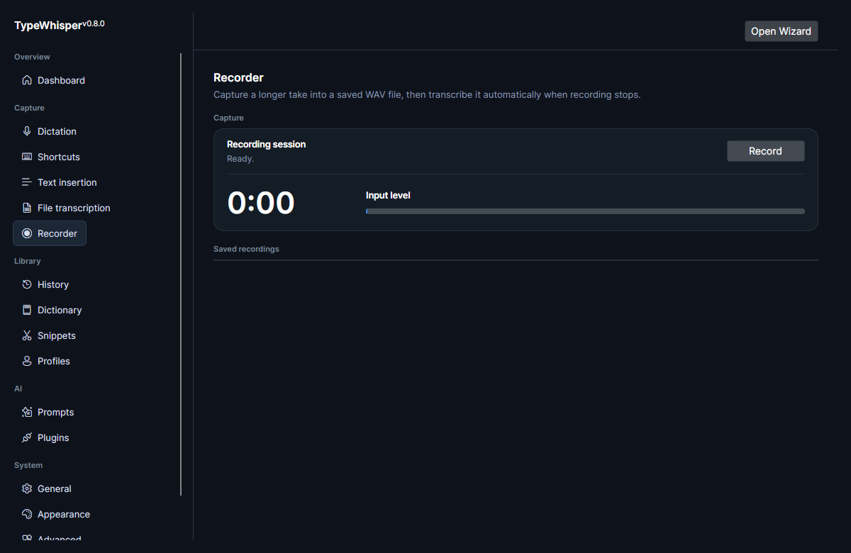 The Recorder page: the recording session control (Record button, elapsed timer, input-level meter) and the saved-recordings list