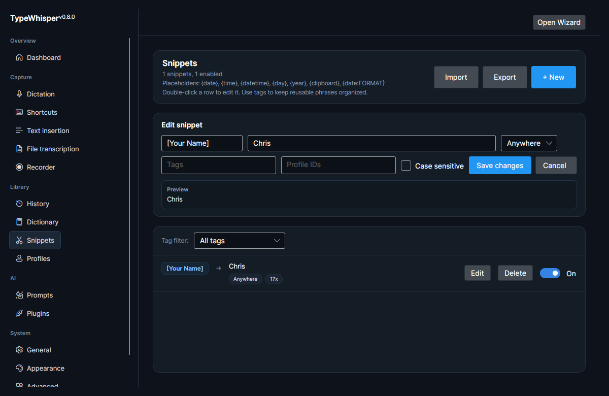 The snippet editor: trigger and replacement fields, the trigger-mode dropdown (Anywhere / Exact Phrase), the Profile IDs scope field, a Case-sensitive toggle, and a live preview