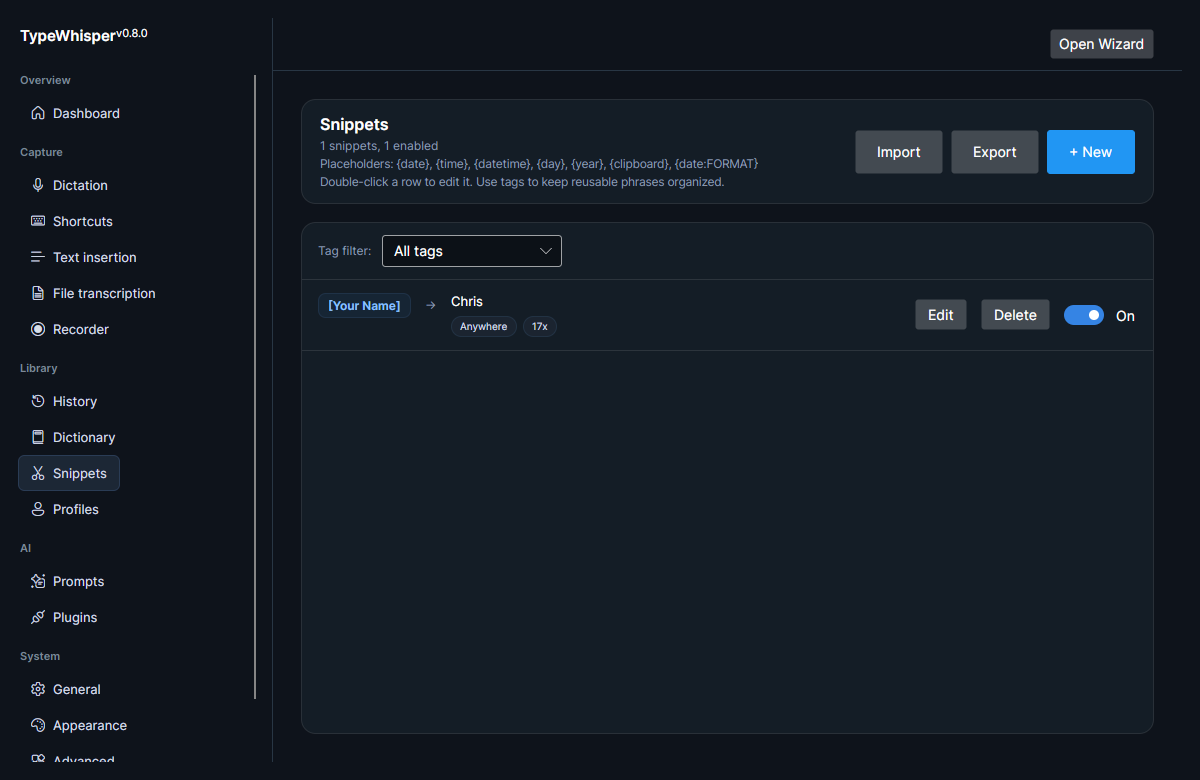The Snippets page: the placeholder reference, Import / Export / New, the tag filter, and a snippet entry with its trigger mode and usage count