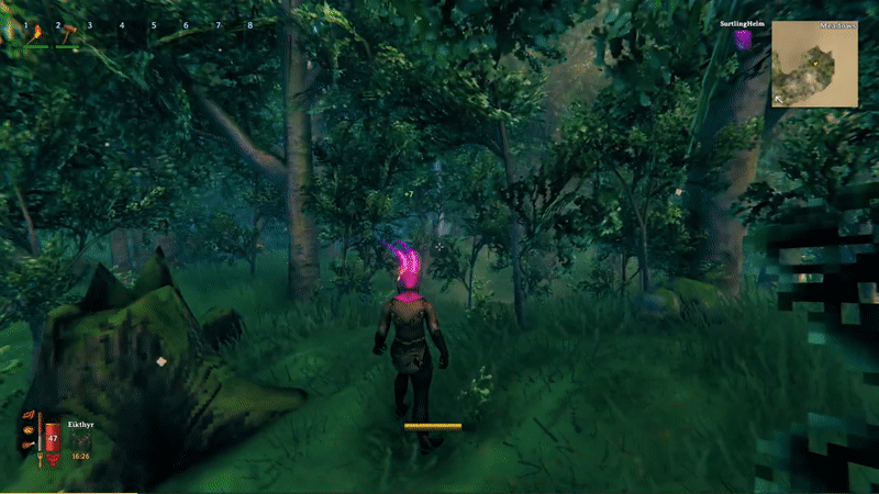 Viking wearing incredibly cool, glowing, purple hood, shooting laser beams out and destroying a forest