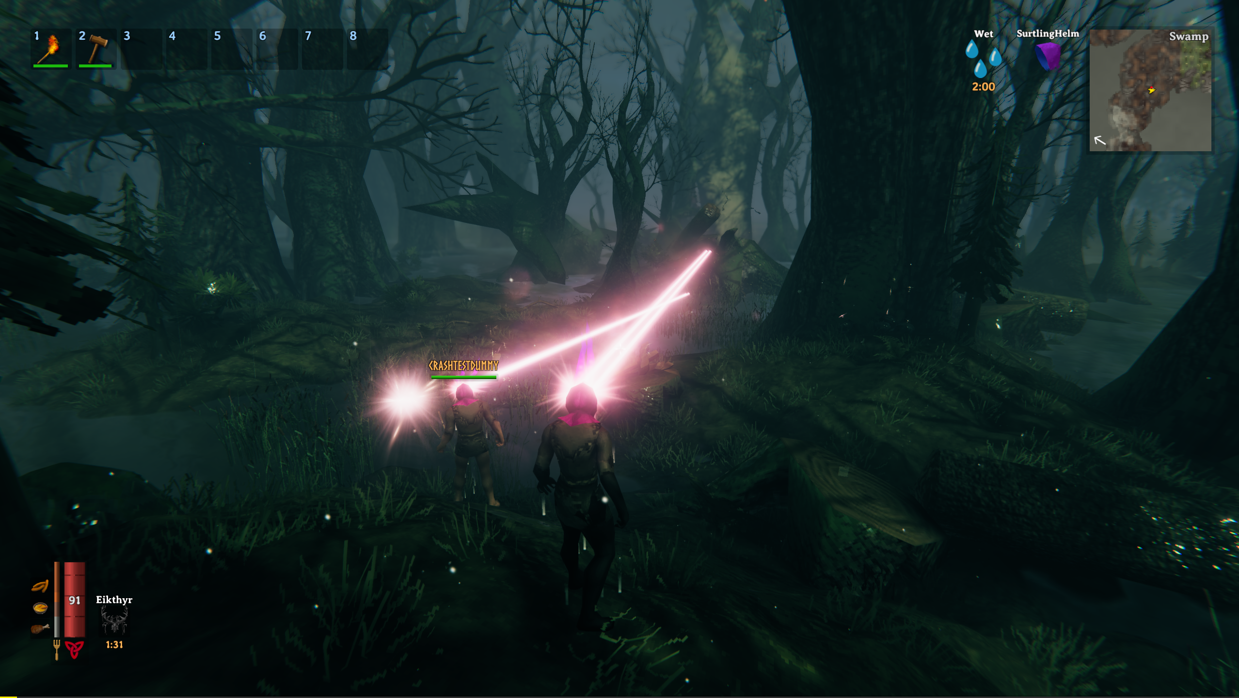 Two incredibly cool vikings with glowing helms lasering down enemies in a swamp