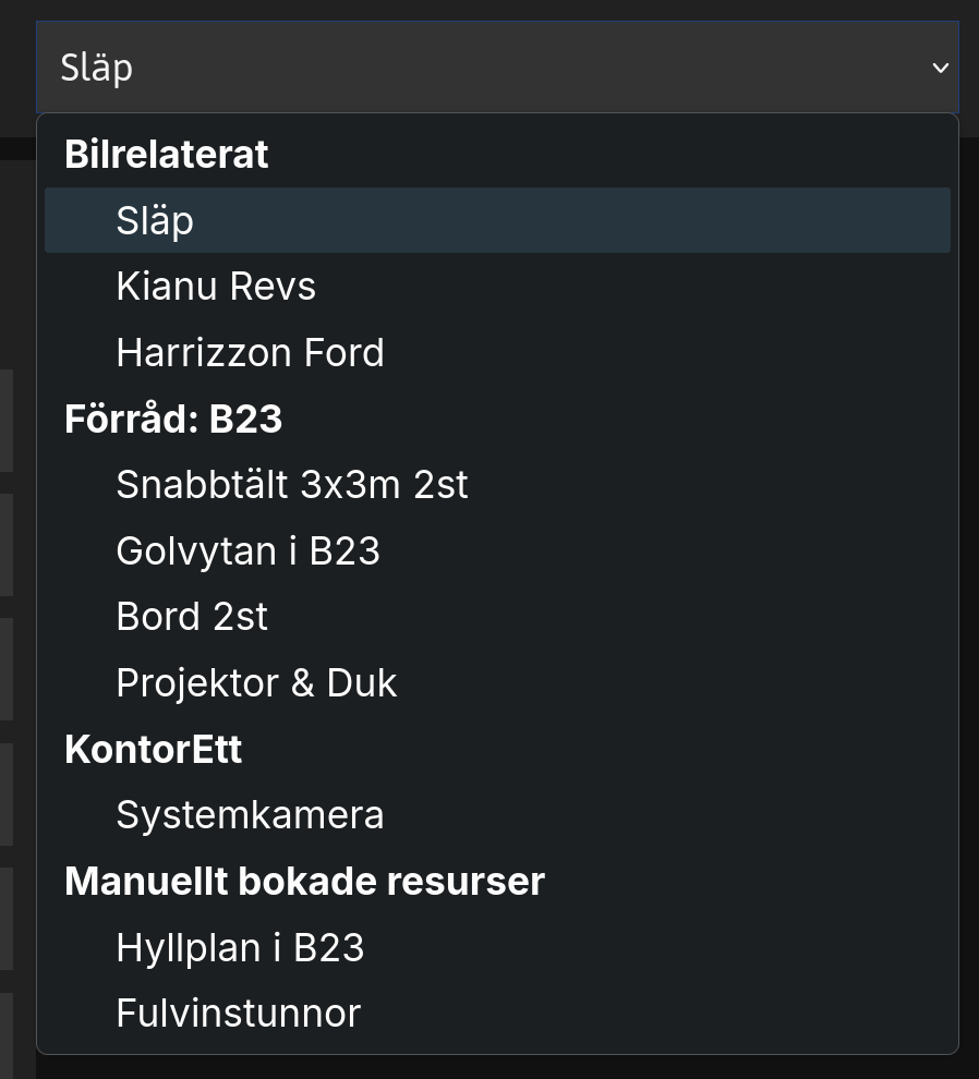 Lista på bokningsbara föremål