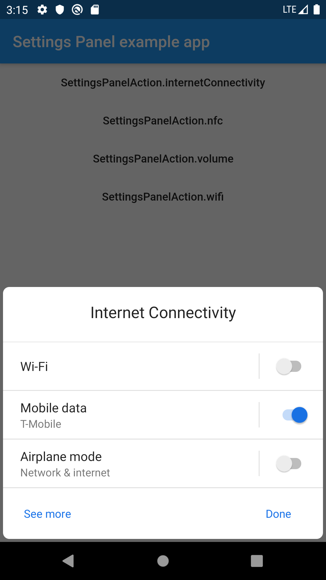 dartsidedev/settings_panel_android example app screenshot displaying internet connectivity settings panel