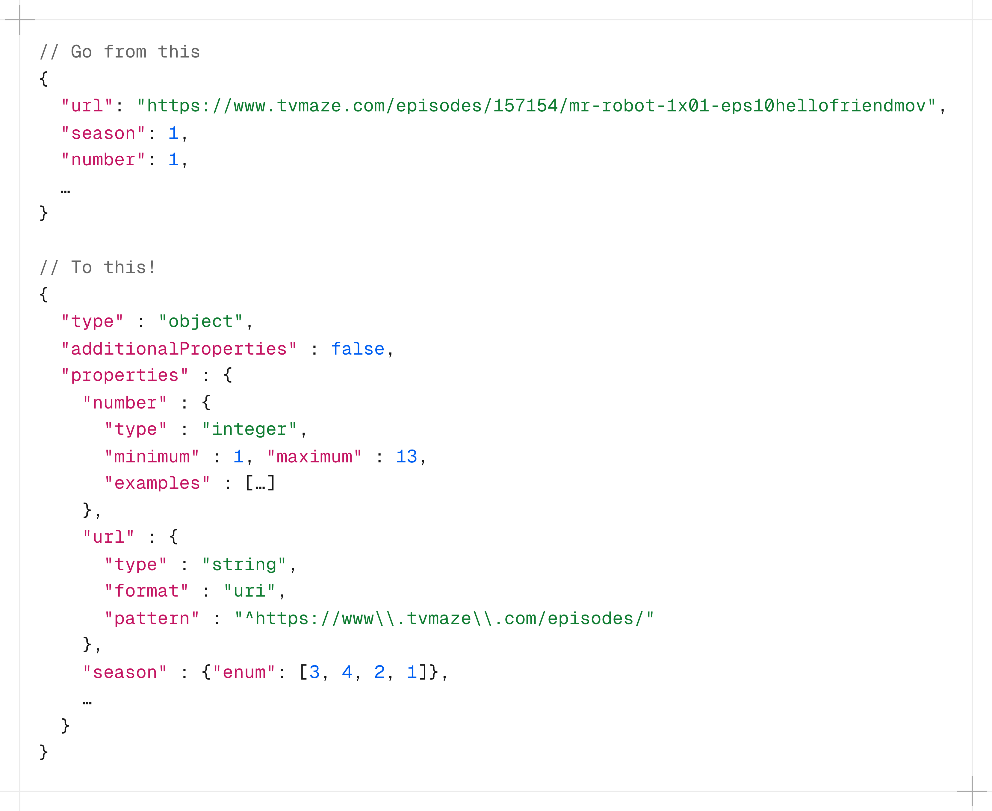 Example of a JSON document and a schema produced by JSONoid