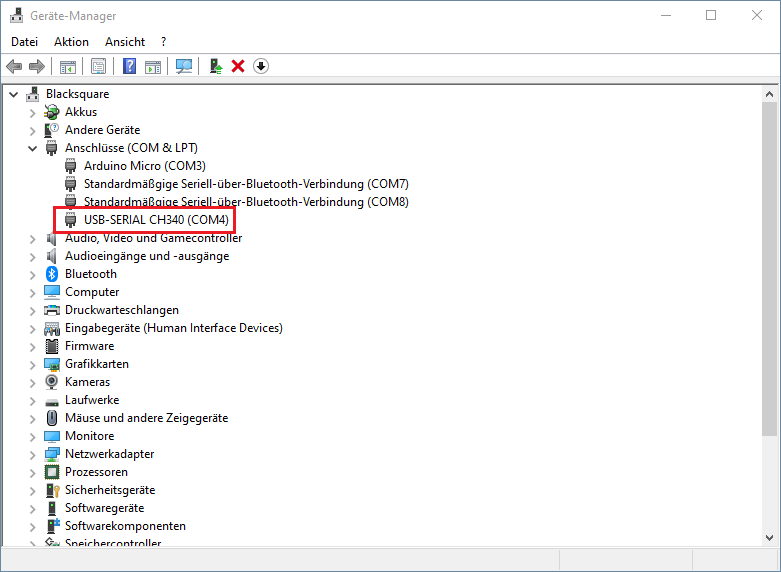 Device Manager showing the serial port