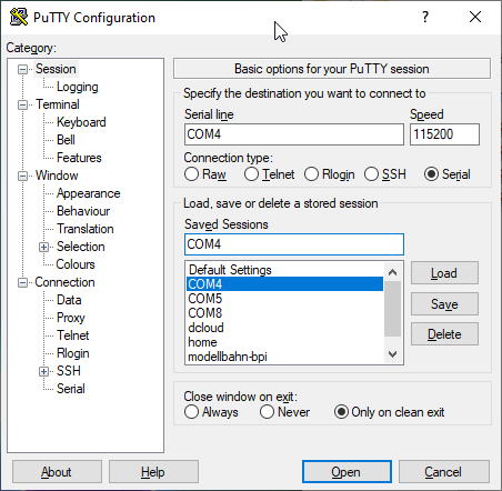 PuTTY Serial Connection Window