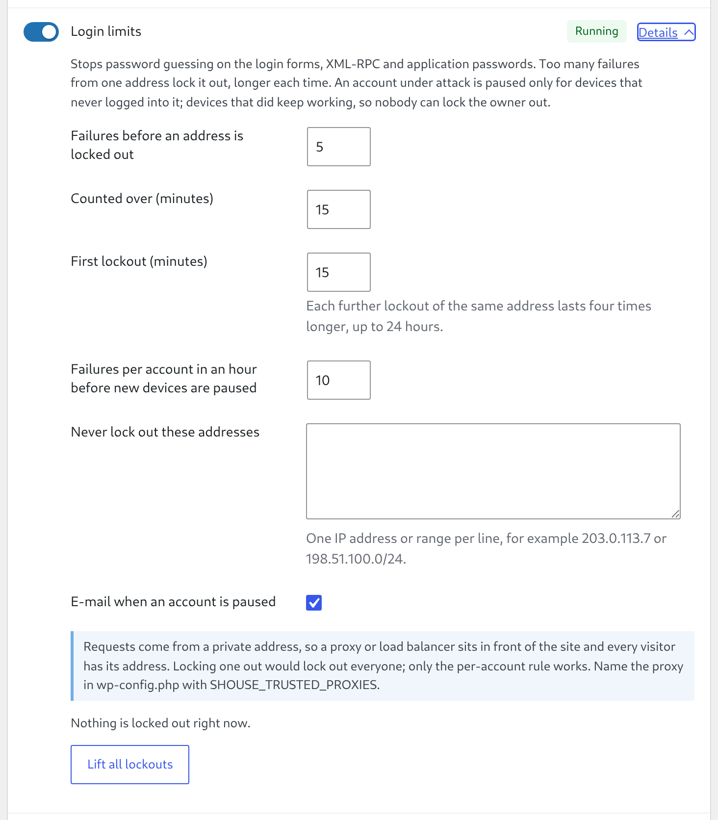 Login limits settings with the note that requests come from a private address, so only the per-account rule works