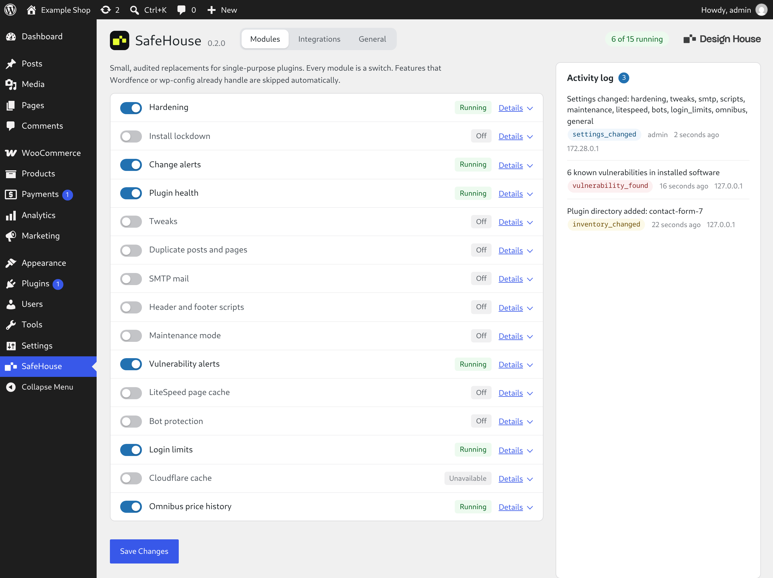 The Modules tab of the SafeHouse settings page, with the default modules running