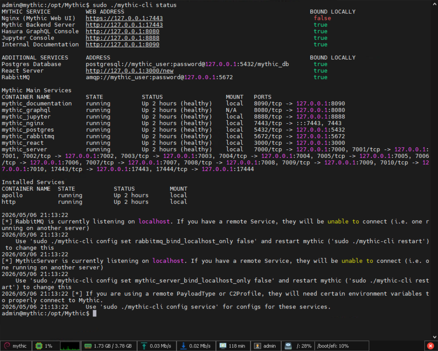 mythic-cli status showing all containers running
