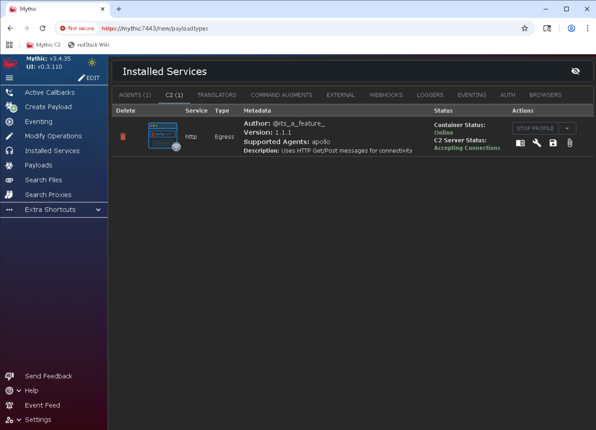 Mythic Installed Services C2 tab showing http Accepting Connections