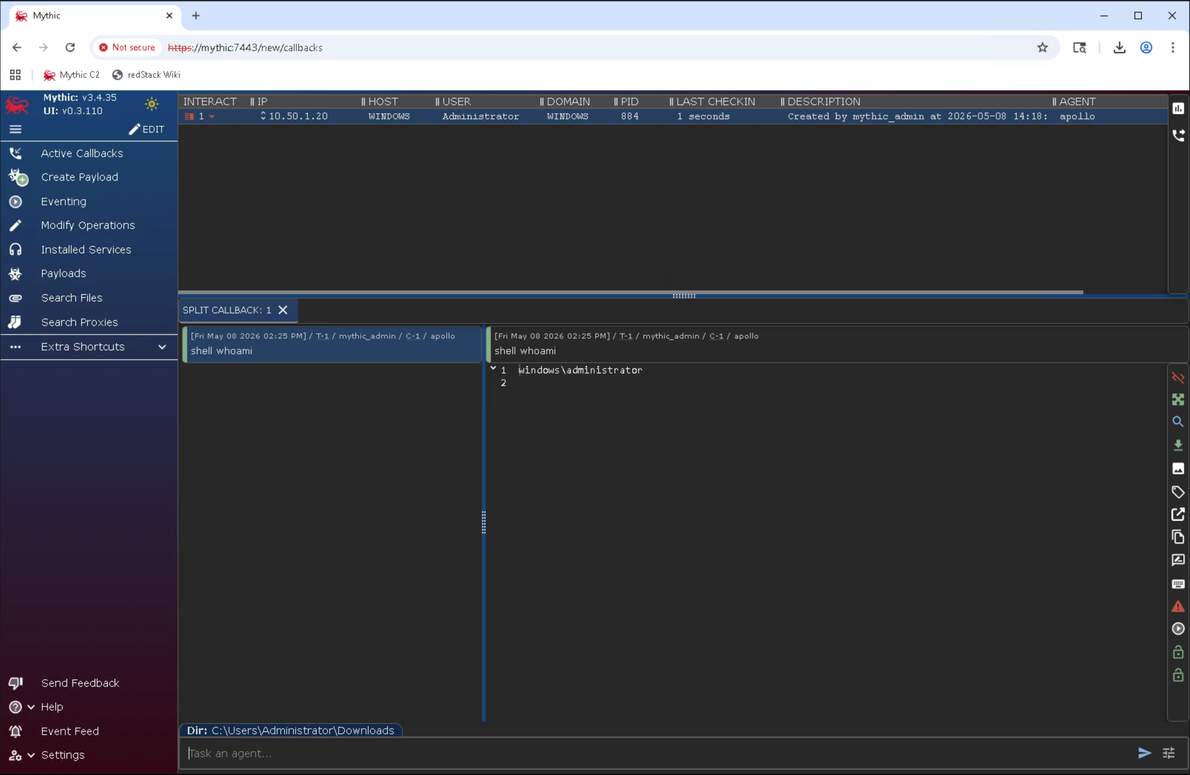 Mythic Active Callbacks table with windows row and whoami output