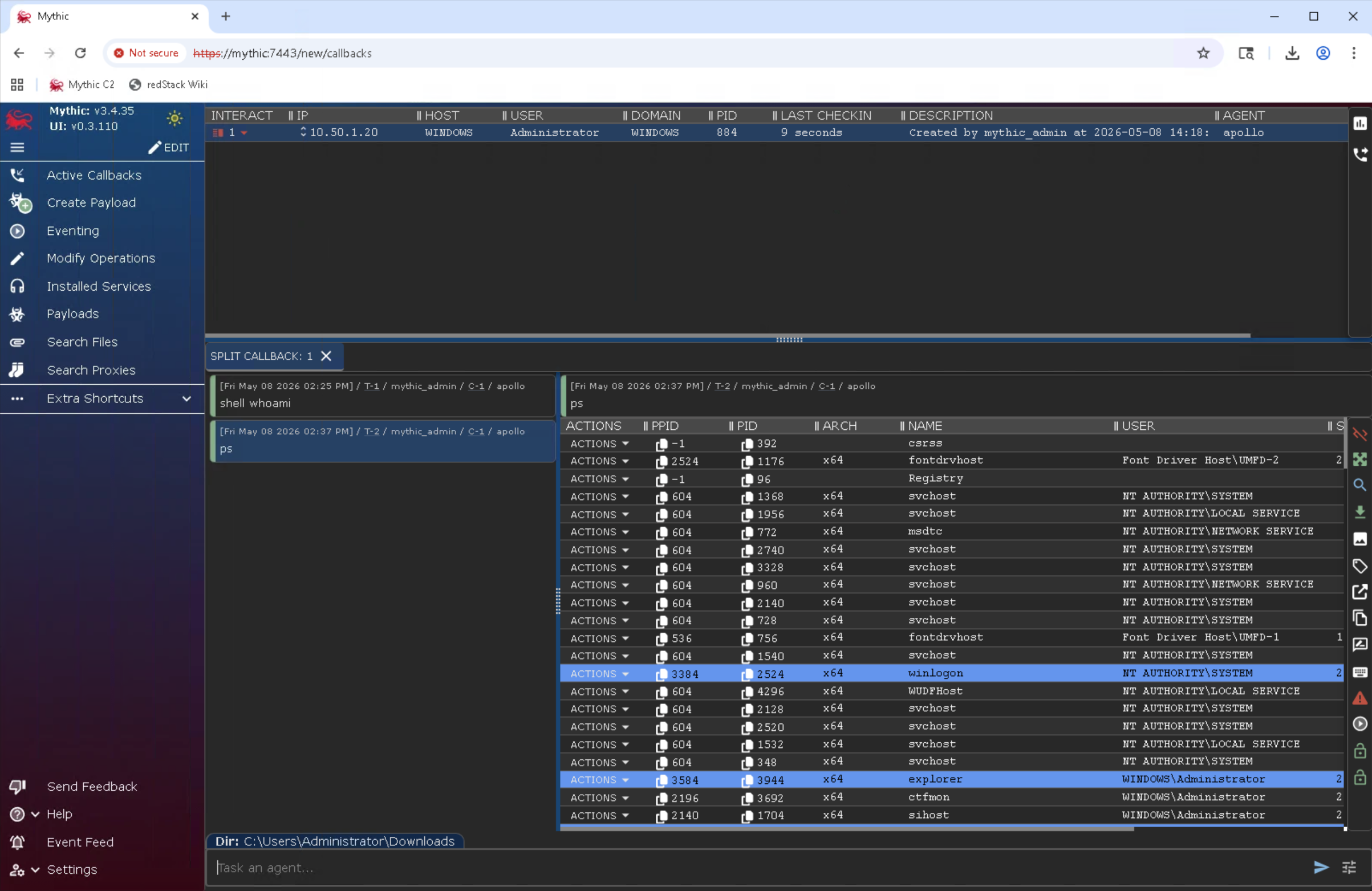 Mythic tasking pane showing ps process table output
