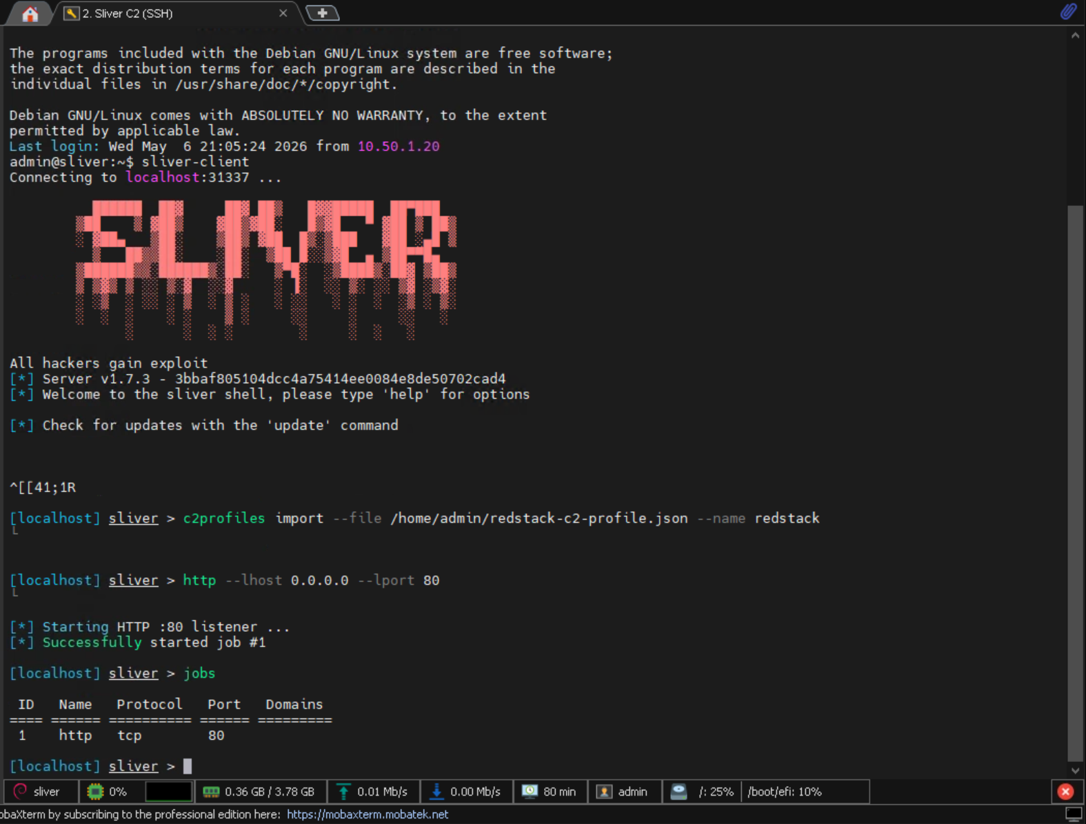 Sliver console showing http listener start and jobs output