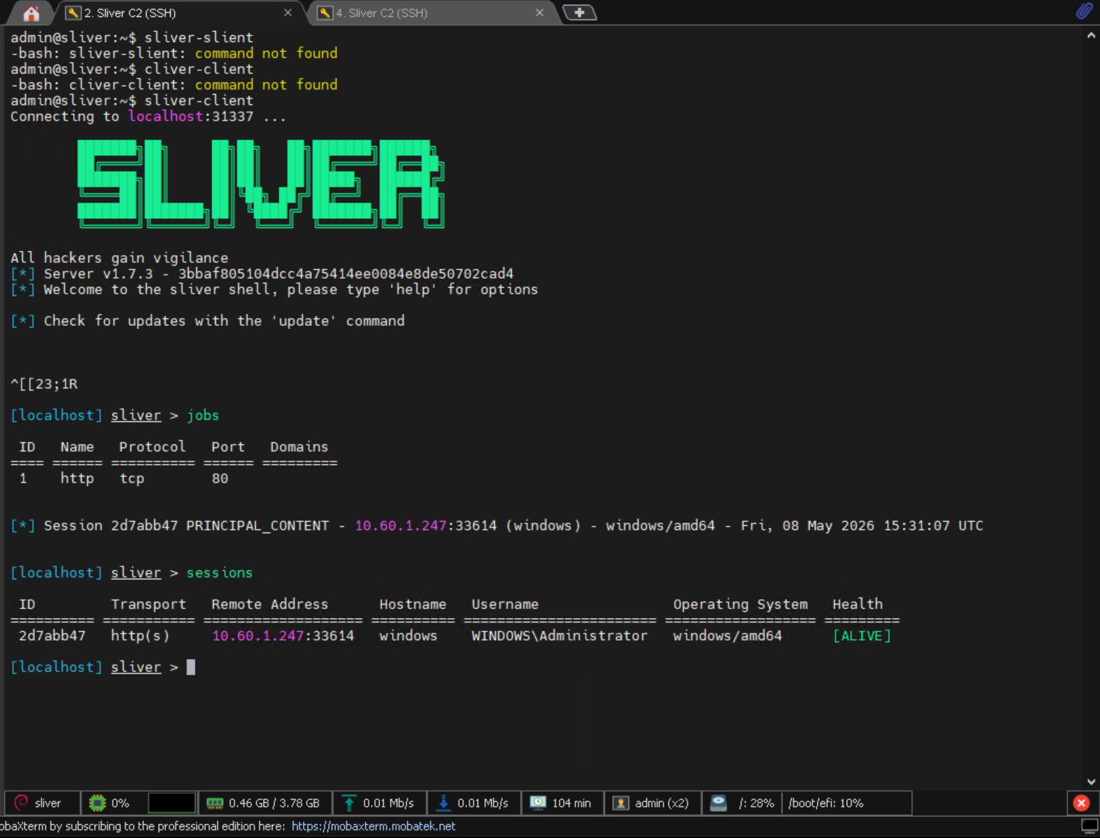 Sliver console showing session arrival and sessions list