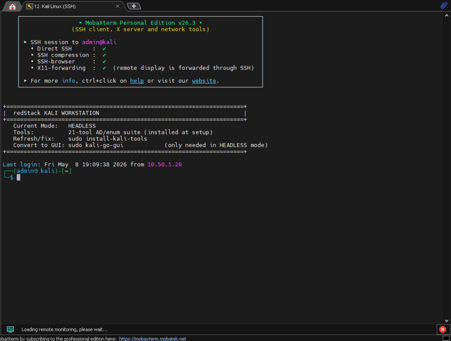 Kali MOTD banner showing redStack KALI WORKSTATION with current mode and helper commands