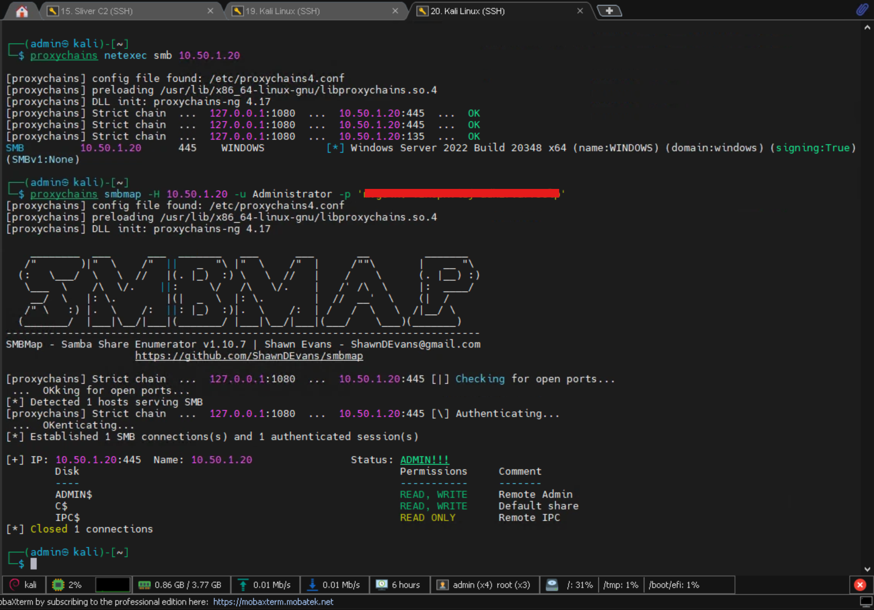 proxychains smbmap output showing SOCKS5 chain routing through C2 beacon to SMB with ADMIN access confirmed