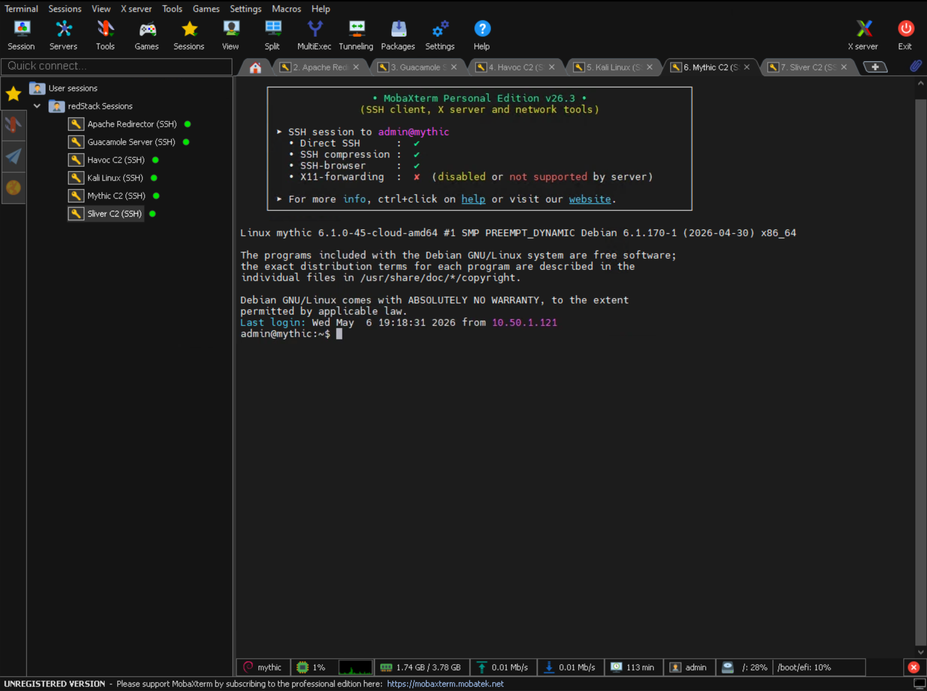 MobaXterm with redStack Lab session folder expanded