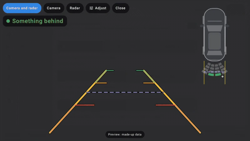 Reverse view preview: distance and steering lines, radar around the car seen from above