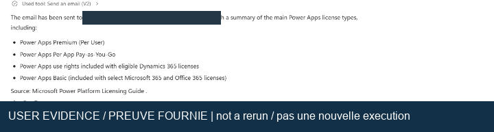 User-supplied send-tool result and licensing summary
