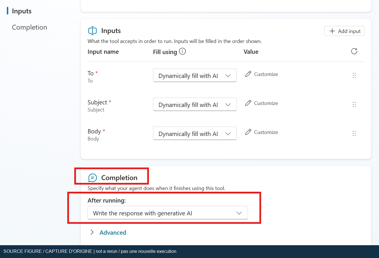 Original email inputs and completion response