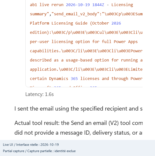 Fresh expanded send-tool excerpt and 1.6-second latency, recipient excluded