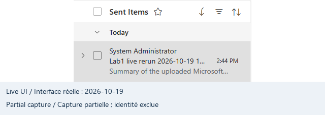Fresh Sent Items message row at 2:44 PM, partial subject