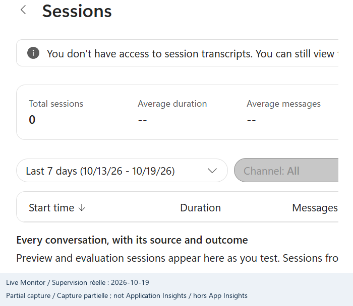 Actual empty Sessions view, date range and transcript permission restriction