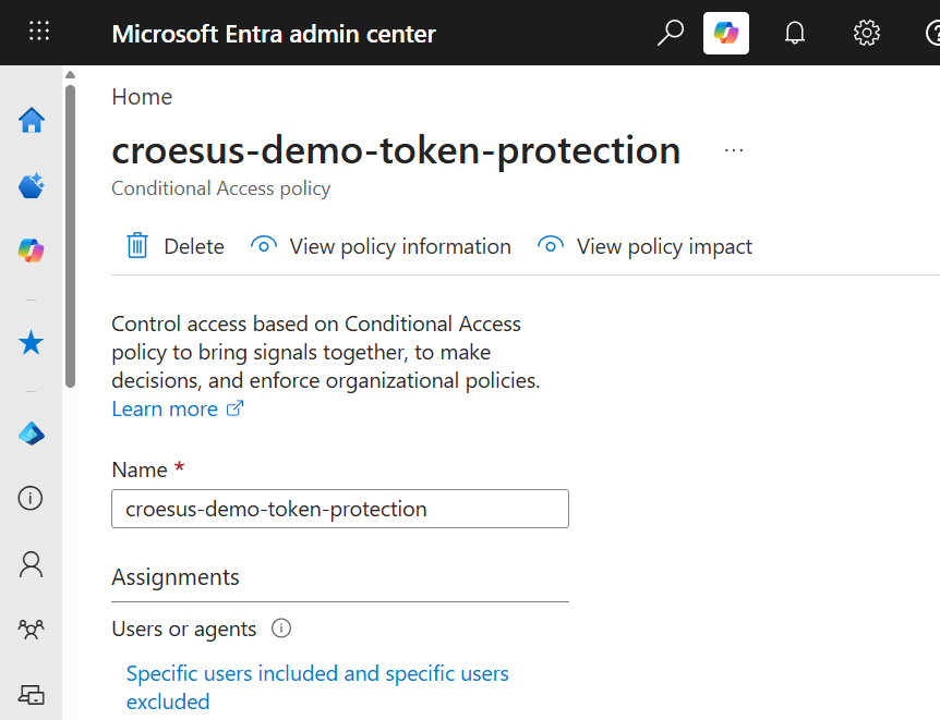 Conditional Access policy croesus-demo-token-protection in the Entra admin center