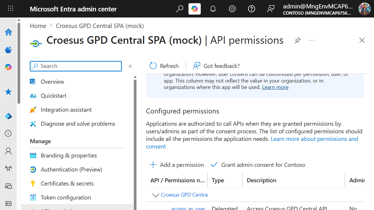 Croesus SPA (mock) API permissions in the Entra admin center