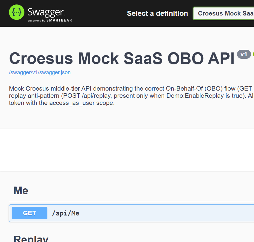 Croesus Swagger UI showing the OBO API with /api/me and /api/replay operations
