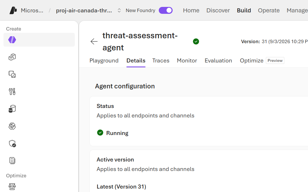 Hosted agent Details tab confirming Running status and active version