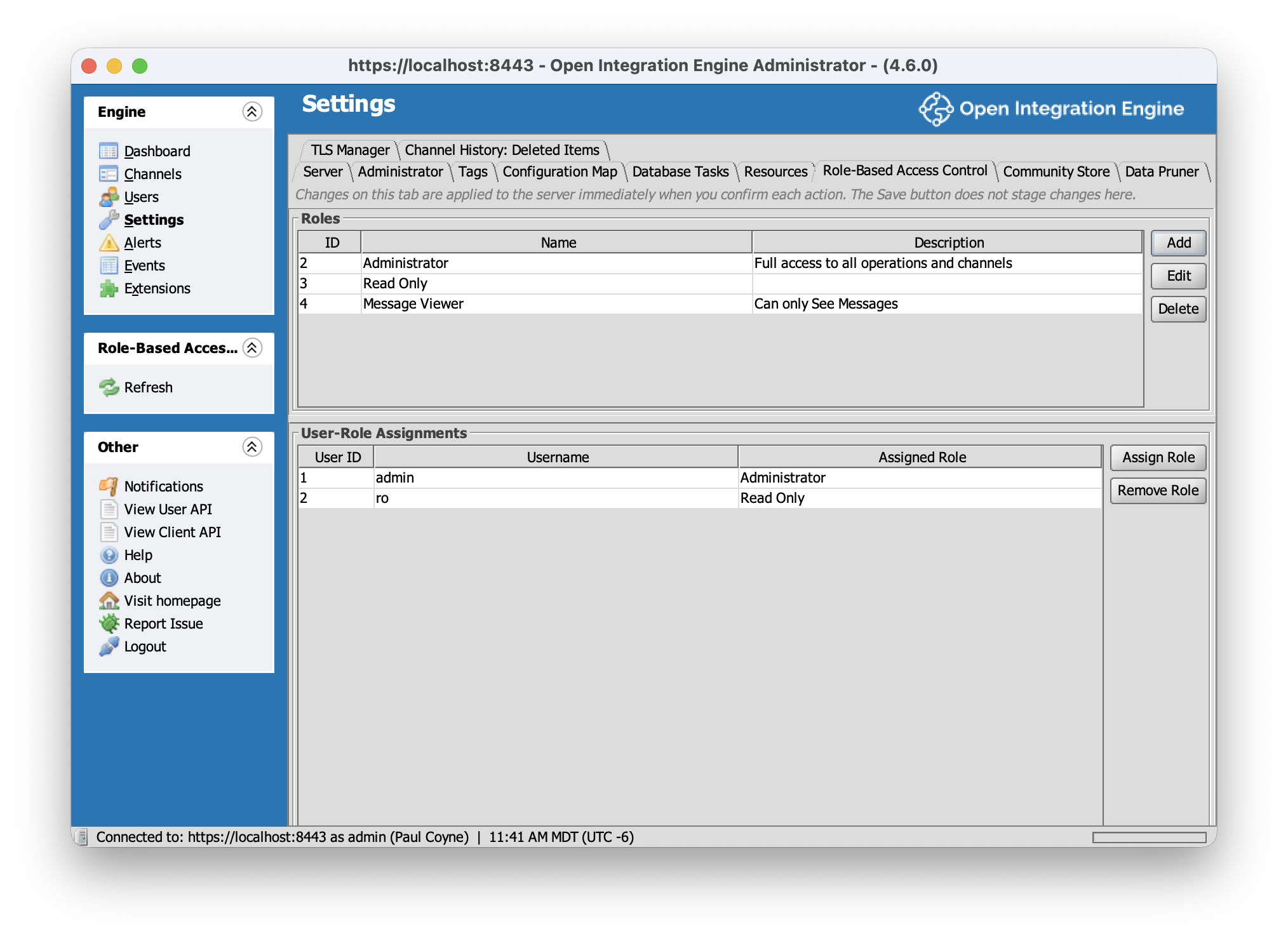 Role-Based Access Control settings tab in the OIE Administrator