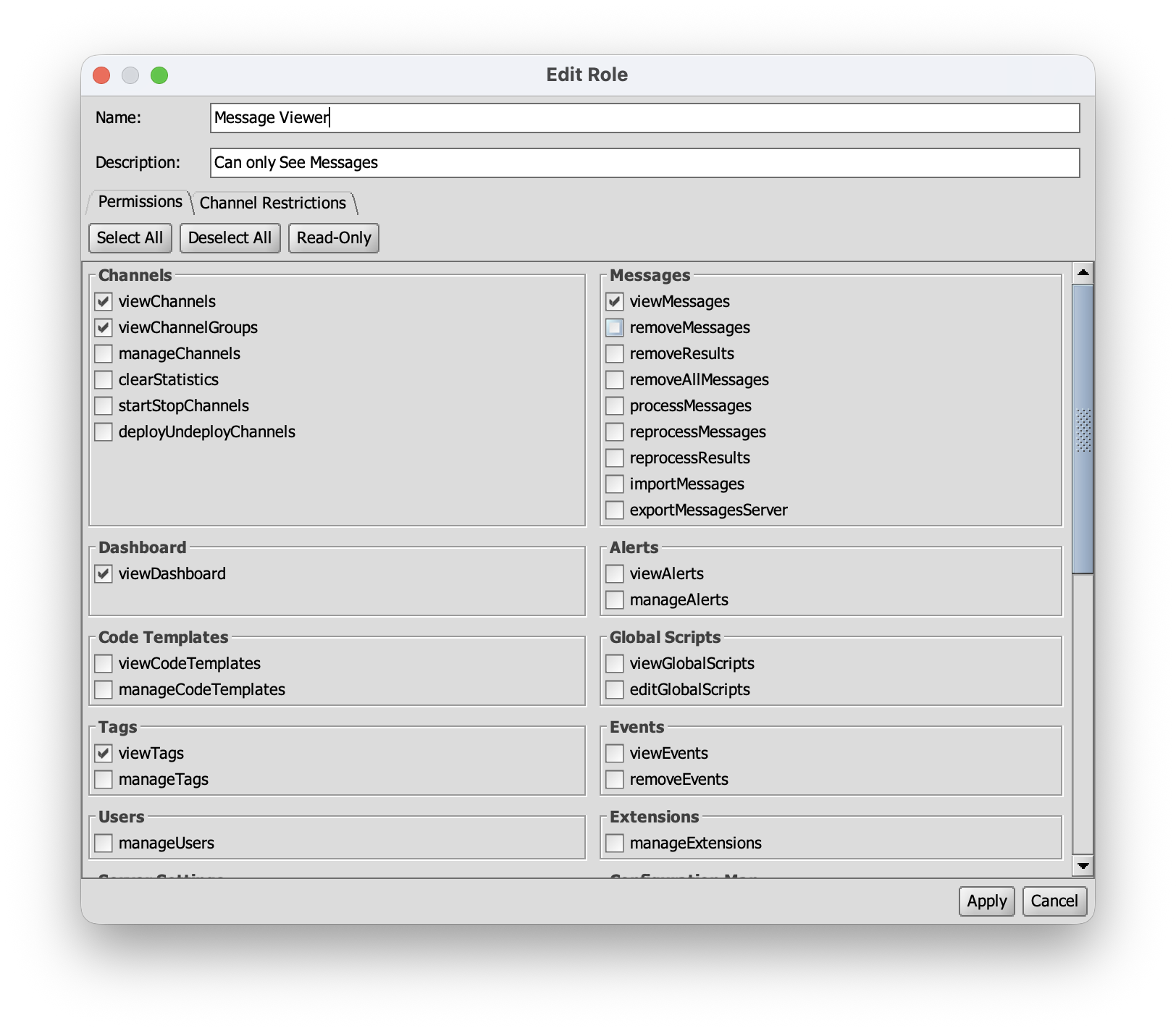 Role editor Permissions tab with grouped permission checkboxes and preset buttons