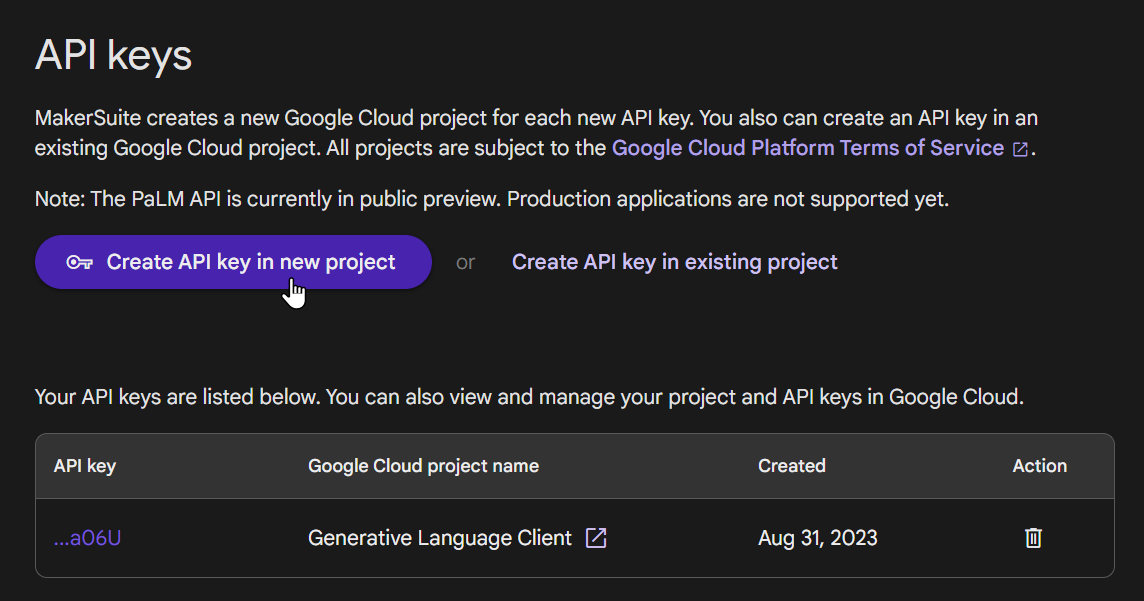 Get API key | MakerSuite