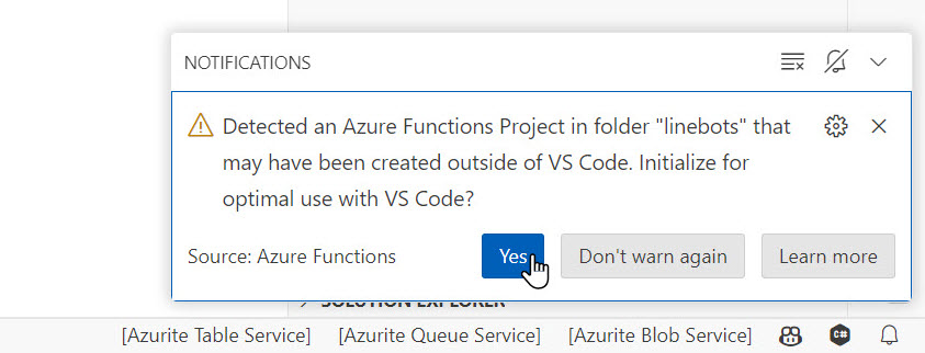 Detected an Azure Functions Project in folder "linebots" that may have been created outside of VS Code. Initialize for optimal use with VS Code?