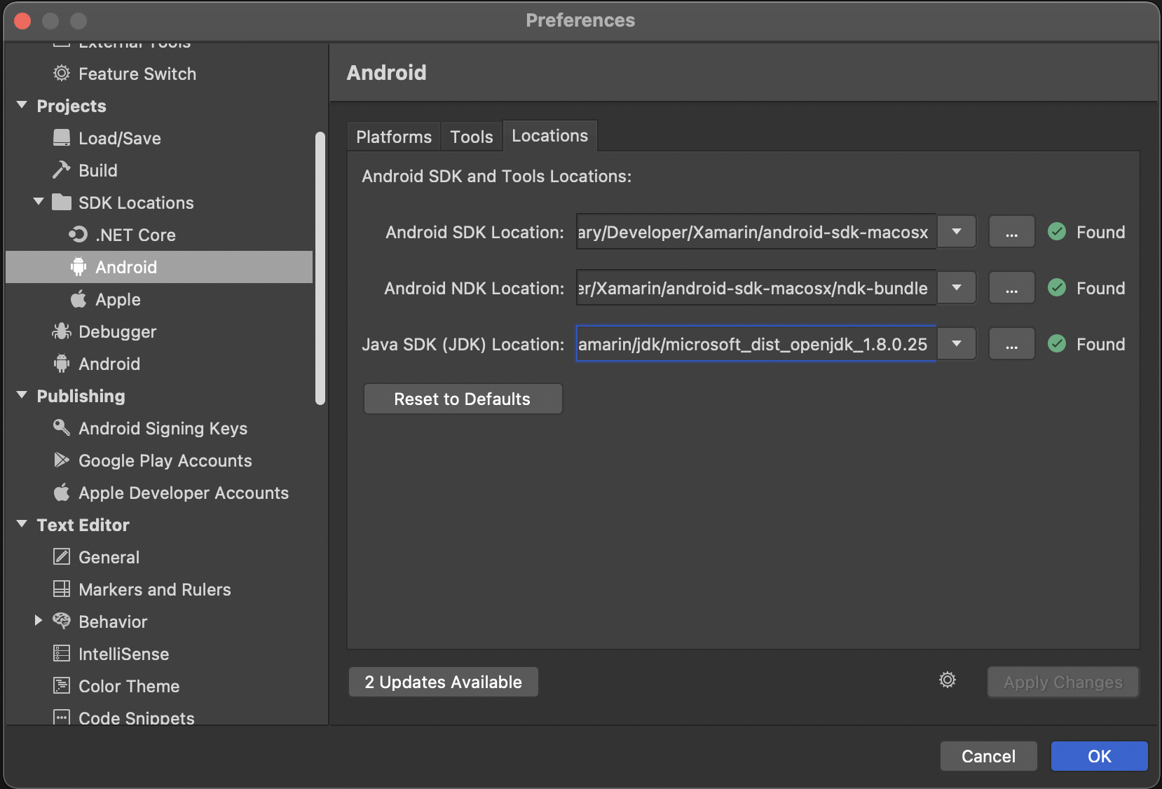Visual Studio for Mac Preferences Dialog