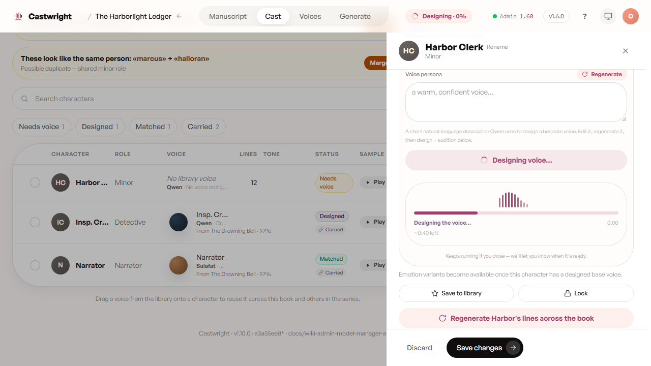 Voice profile drawer mid-design — "Designing voice…" with a live waveform