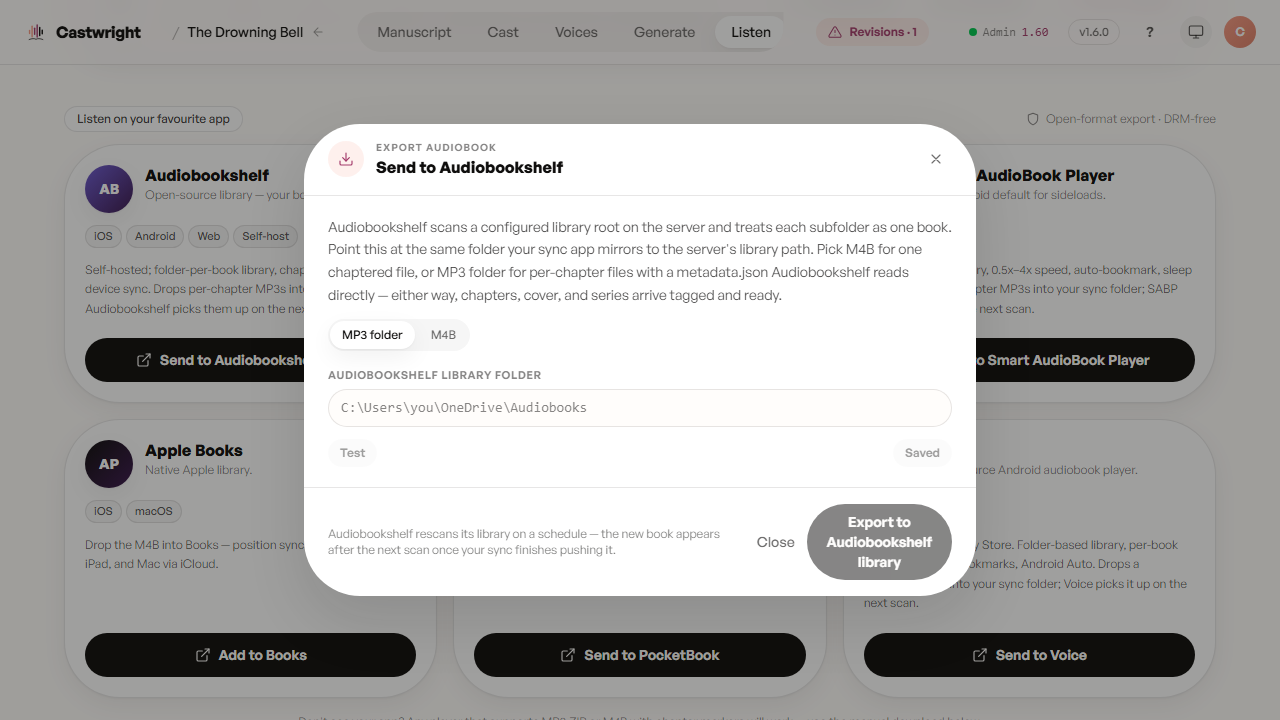 Send to Audiobookshelf dialog — folder path, M4B/MP3 folder toggle