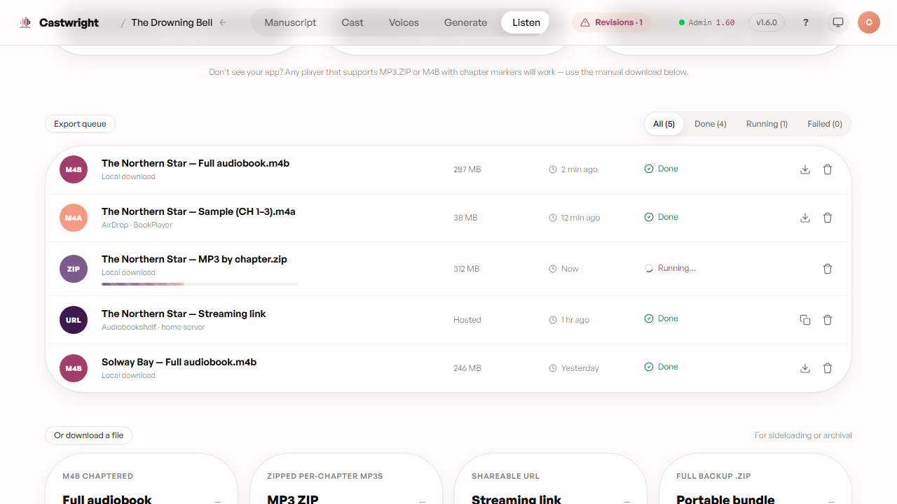 Export queue — filterable by status, with a running export mid-progress