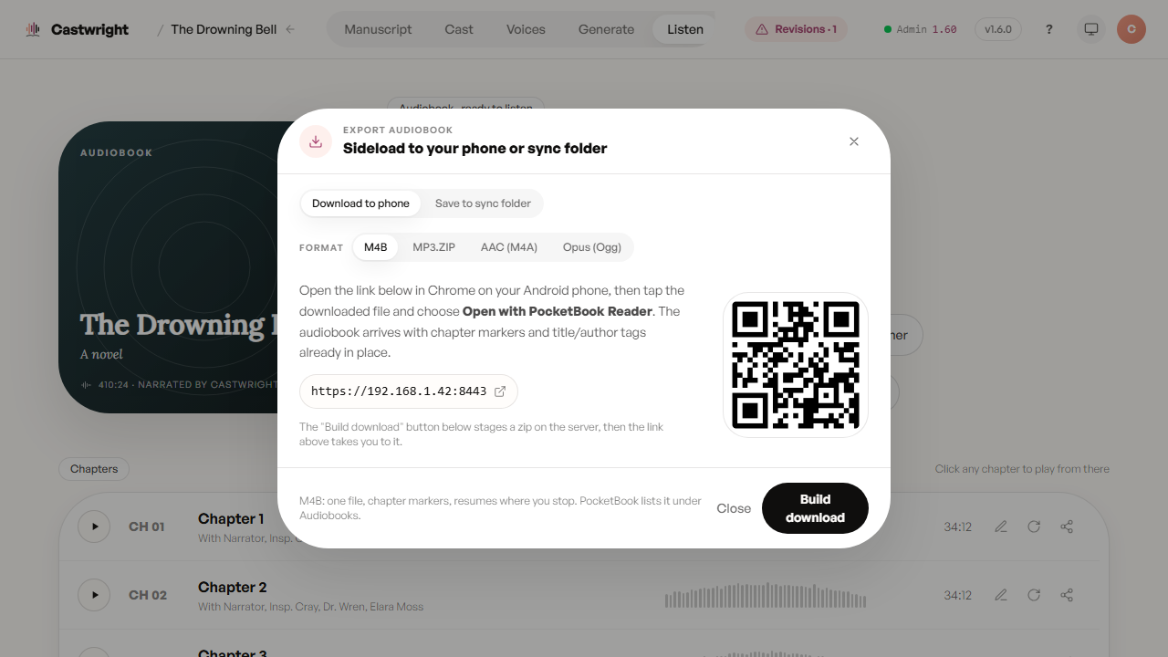 Export audiobook modal — Download to phone tab with LAN URL and QR code