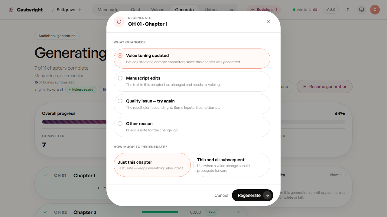Regenerate dialog — reason picker and scope tiles