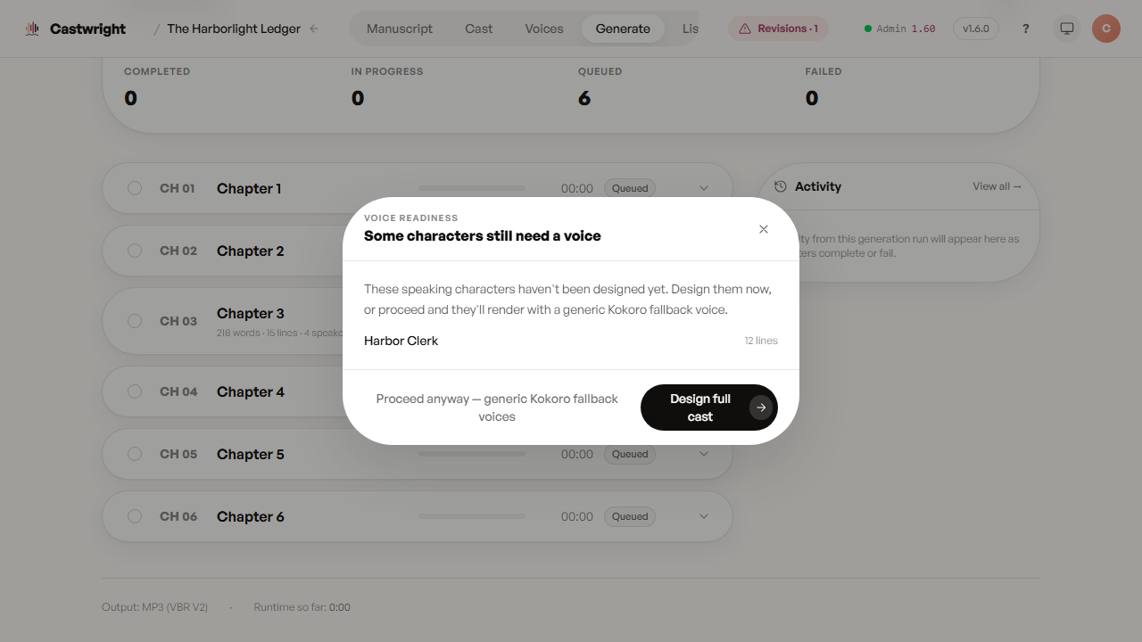 Voice-readiness gate — one character still needs a voice