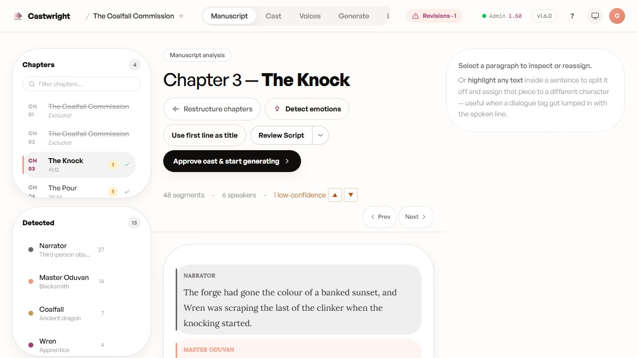 Manuscript view with color-coded attribution, chapter sidebar, and cast sidebar